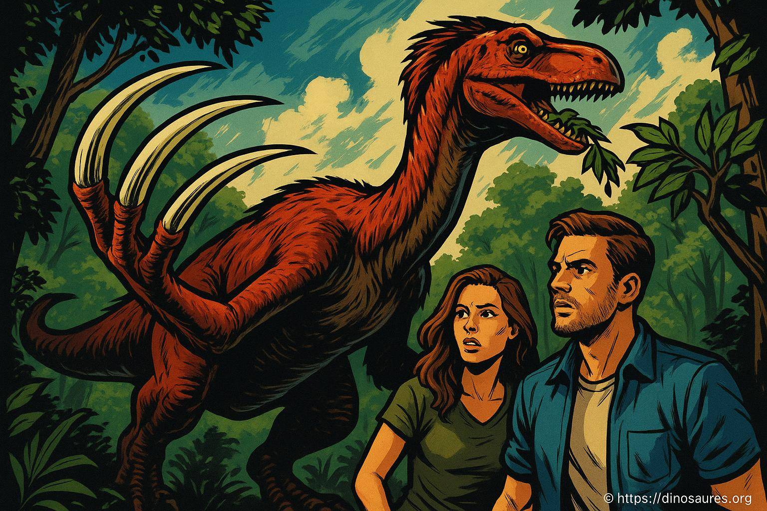 Dinosaures et deux humains dans la jungle