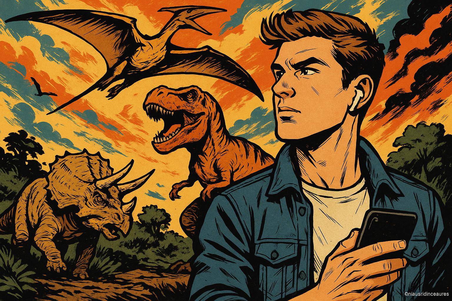 Homme avec dinosaures préhistoriques colorés