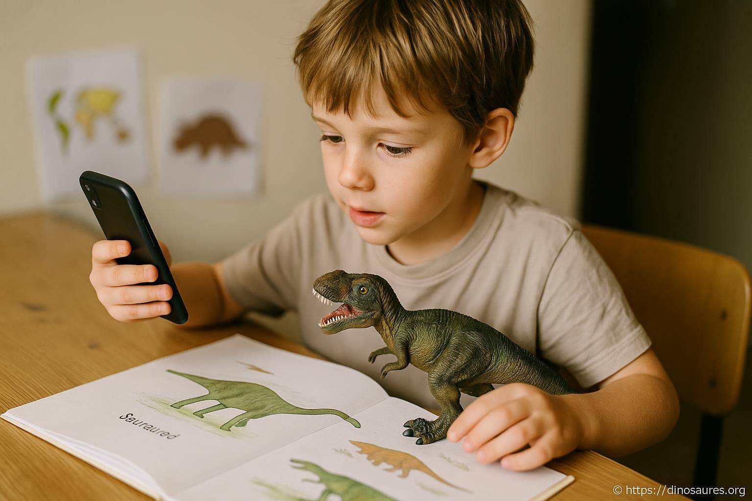Enfant jouant avec dinosaure et livre