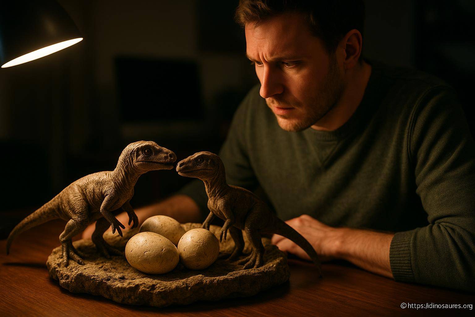 Homme observant dinosaures et œufs en modèle