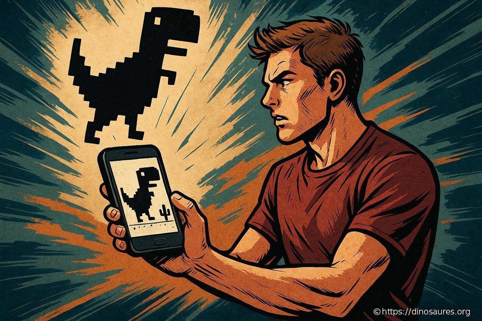 Homme regardant un dinosaure pixelisé sur smartphone