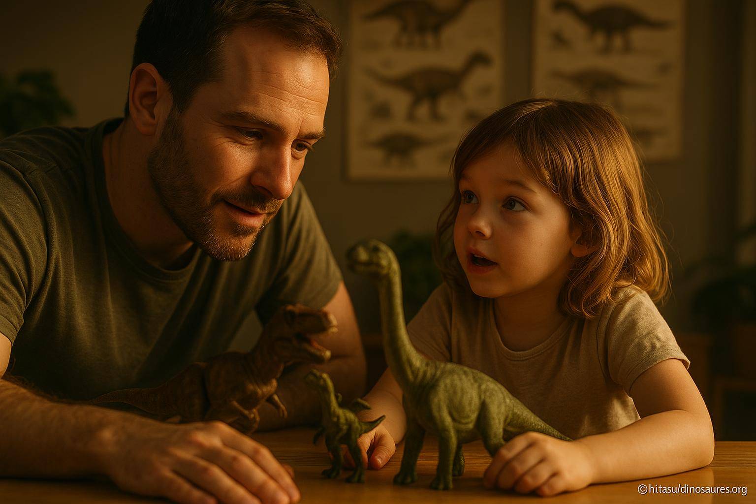 Père et enfant jouent avec dinosaures jouets