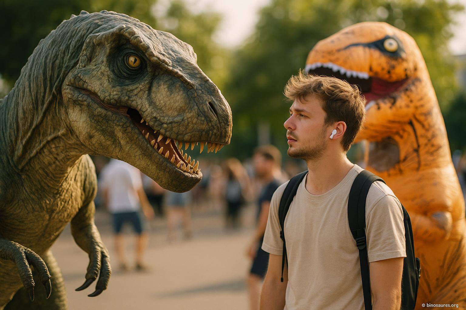 Jeune homme face à dinosaures costumes