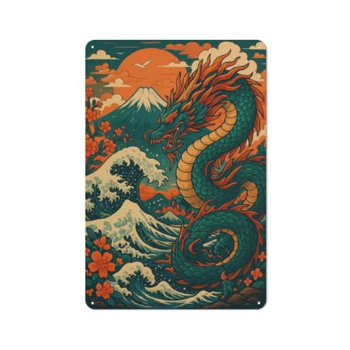 Plaque Murale Rétro 30x20cm Avec Japanese Dragon with Mount 