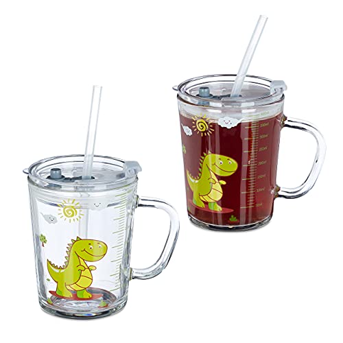 relaxdays Tasse enfant, lot de 2, motif dinosaure, verre ave