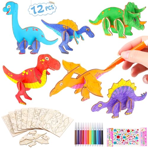 Seamart 12 dinosaures en bois 3D à peindre, kit créatif à as