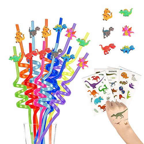 12 pièces Dinosaure Pailles en plastique pour boire + 4 Tato