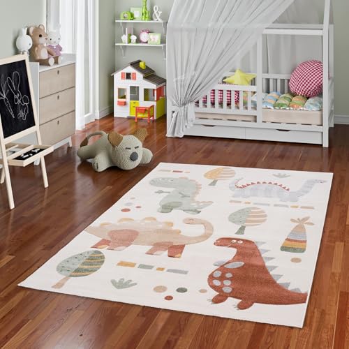 Tapis Enfant Maui Kids Dinosaures Beige Vert - Tapis Doux de